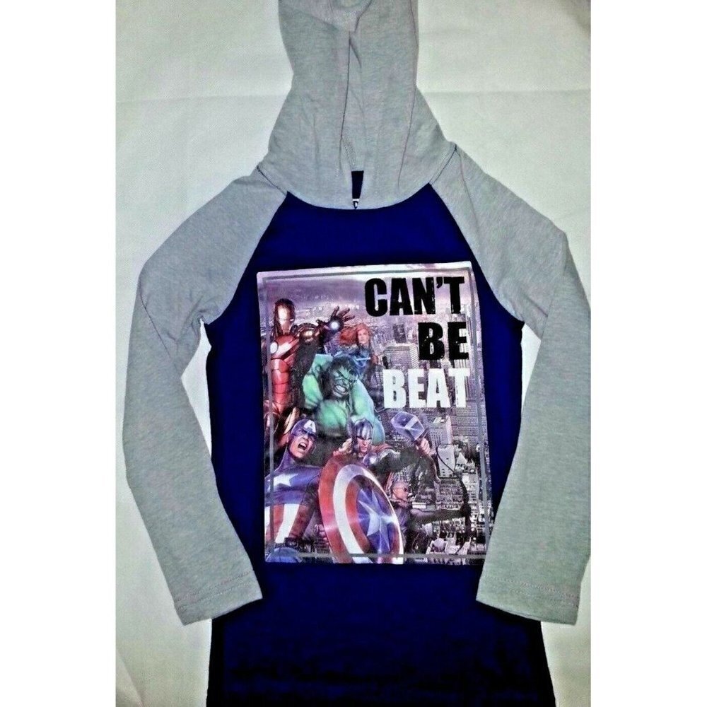 Marvel Heroes Boys Pullover Shirt With Hoodie Size 4 Blue Gray Long Sleeves